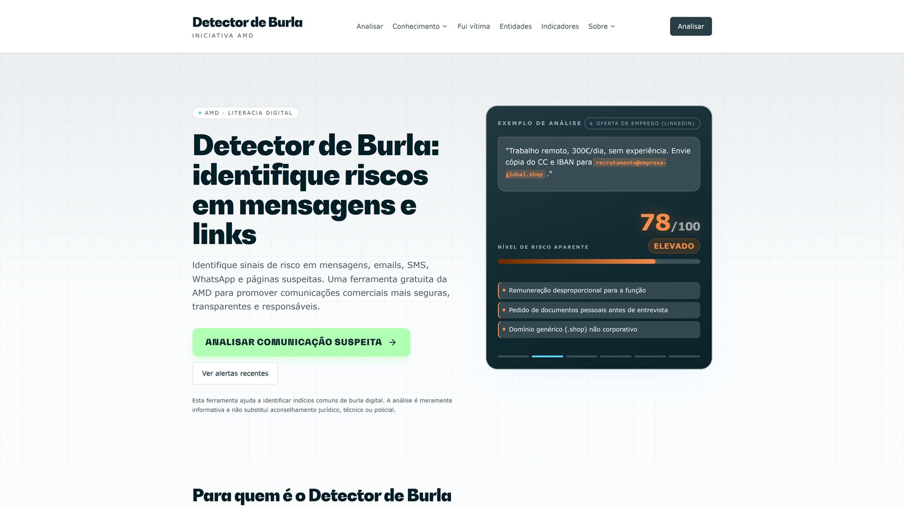 Ecrã do Detector de Burla da AMD a analisar uma mensagem suspeita